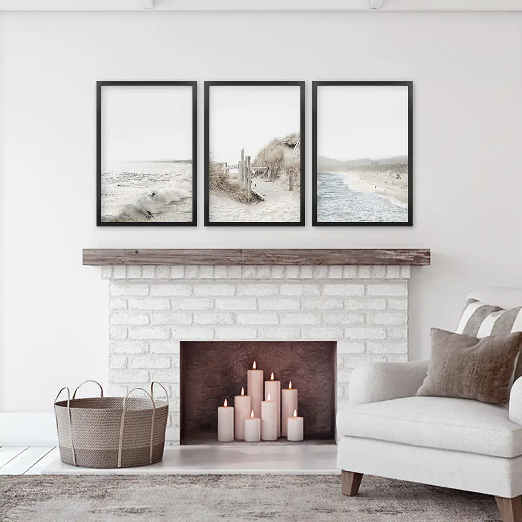 3 Piece Wall Décor. Waves, Surfers, Beach Path - Black Frames