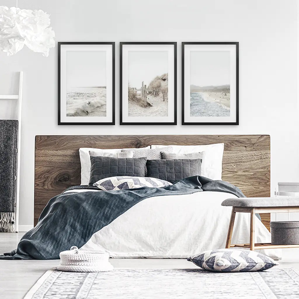 3 Piece Wall Décor. Waves, Surfers, Beach Path - Black Frames with Mat
