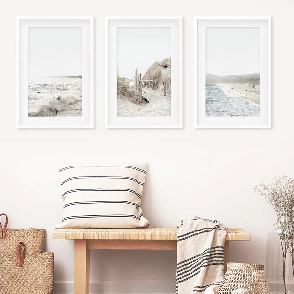 3 Piece Wall Décor. Waves, Surfers, Beach Path - White Frames with Mat