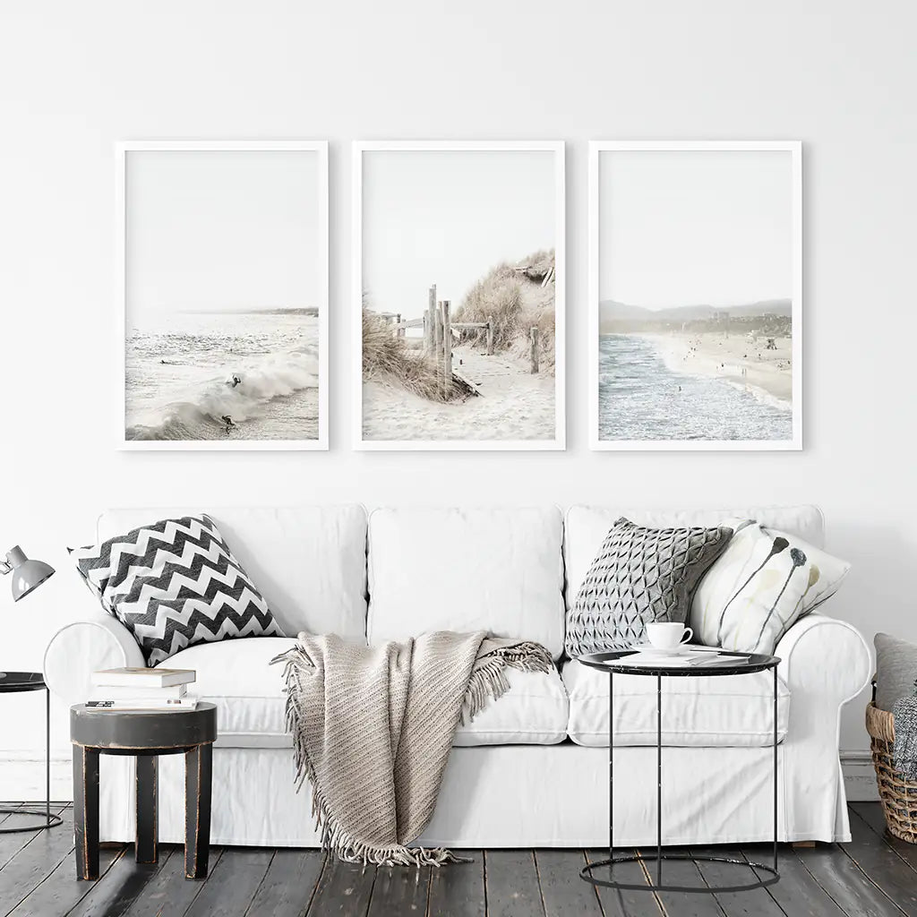 3 Piece Wall Décor. Waves, Surfers, Beach Path - White Frames