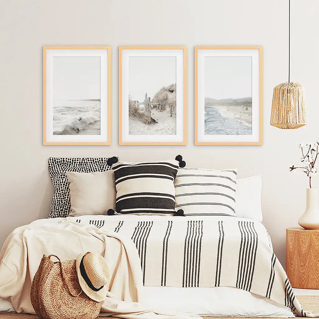 3 Piece Wall Décor. Waves, Surfers, Beach Path - Wood Frames with Mat