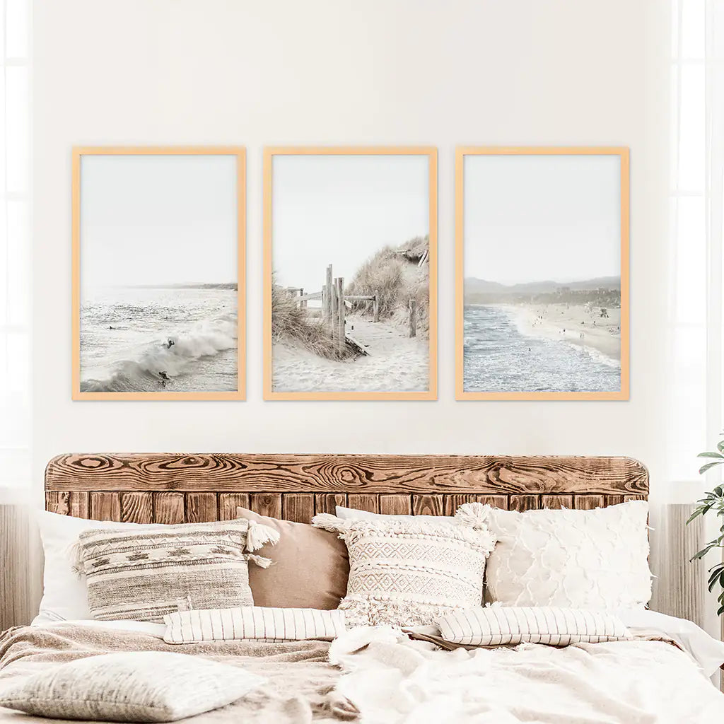 3 Piece Wall Décor. Waves, Surfers, Beach Path - Wood Frames