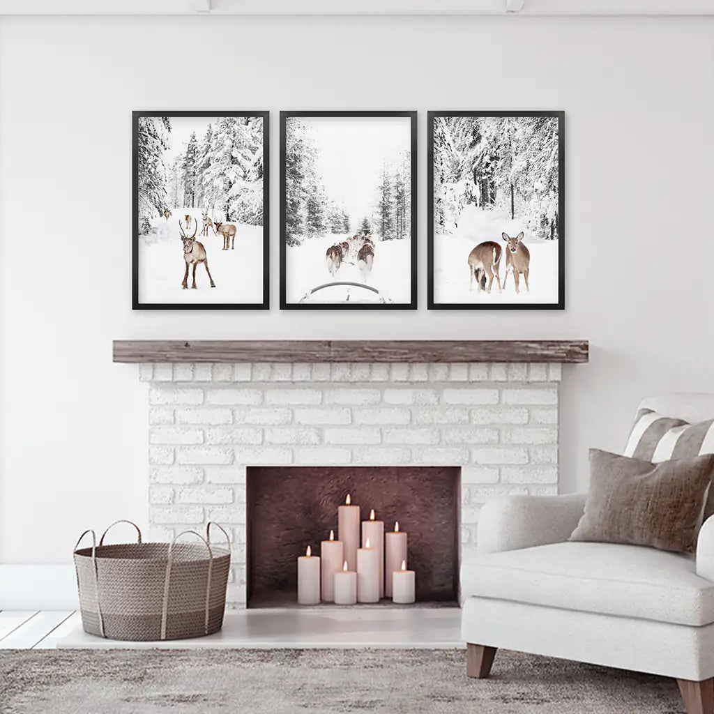 Woodland Winter Photo Set of 3. Fawn, Dog Sledding. Black Frames