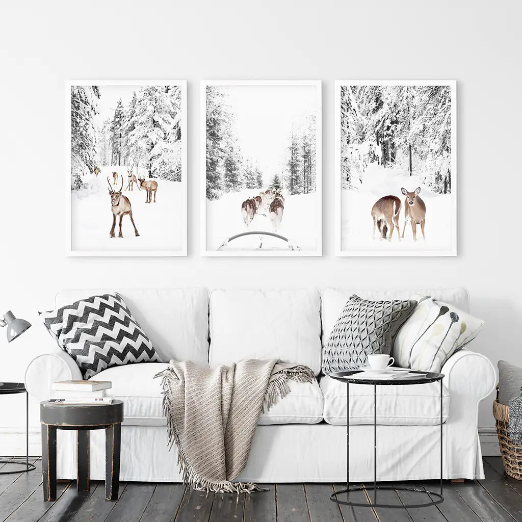 Woodland Winter Photo Set of 3. Fawn, Dog Sledding. White Frames
