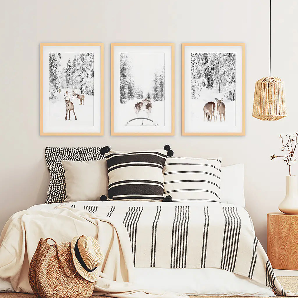 Woodland Winter Photo Set of 3. Fawn, Dog Sledding. Wood Frames with Mat