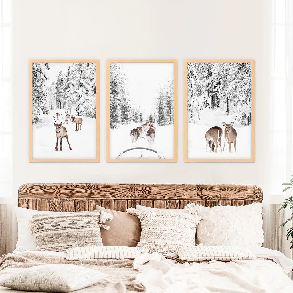 Woodland Winter Photo Set of 3. Fawn, Dog Sledding. Wood Frames
