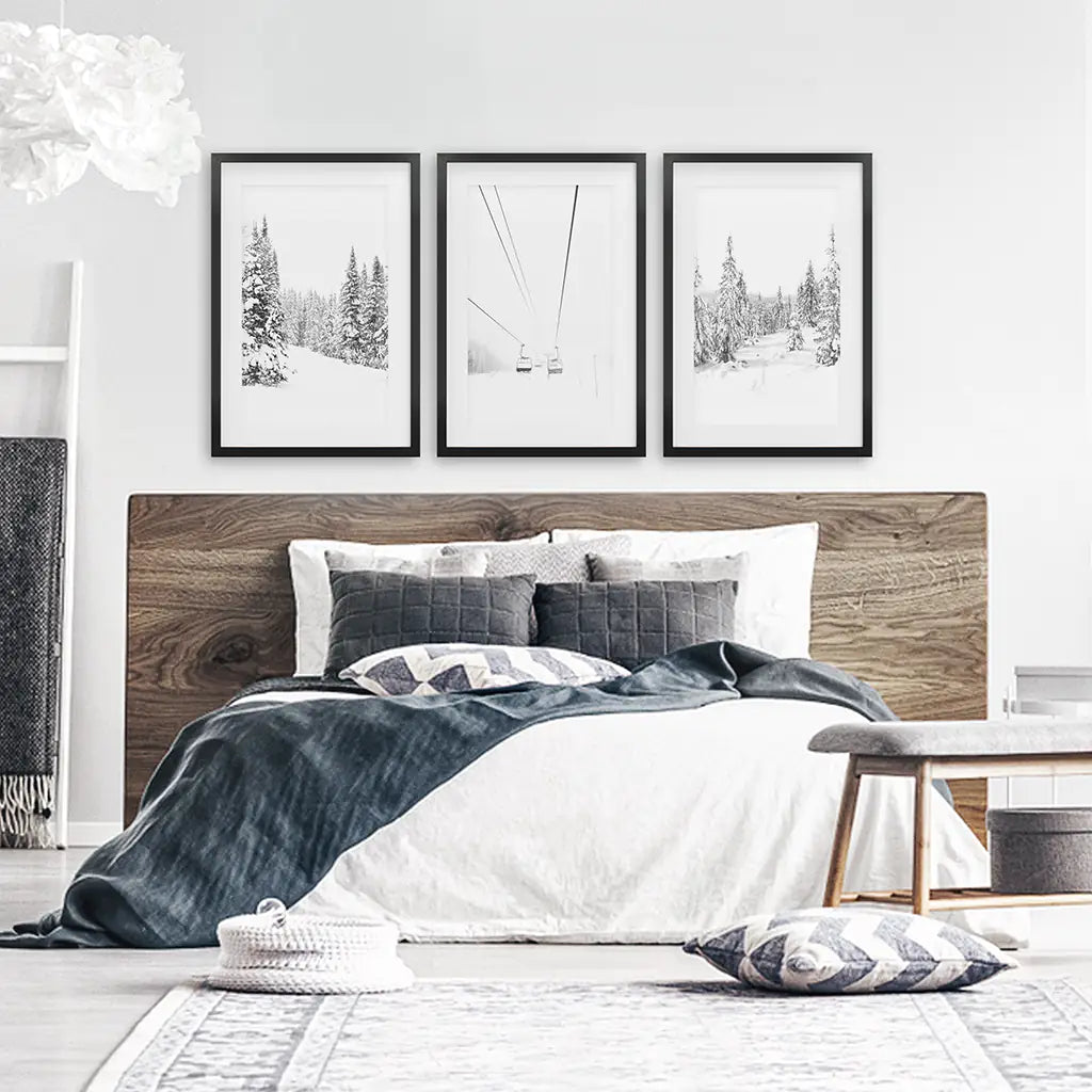Winter Black White Wall Art Set. Ski Lift, Snowy Forest. Black Frames with Mat