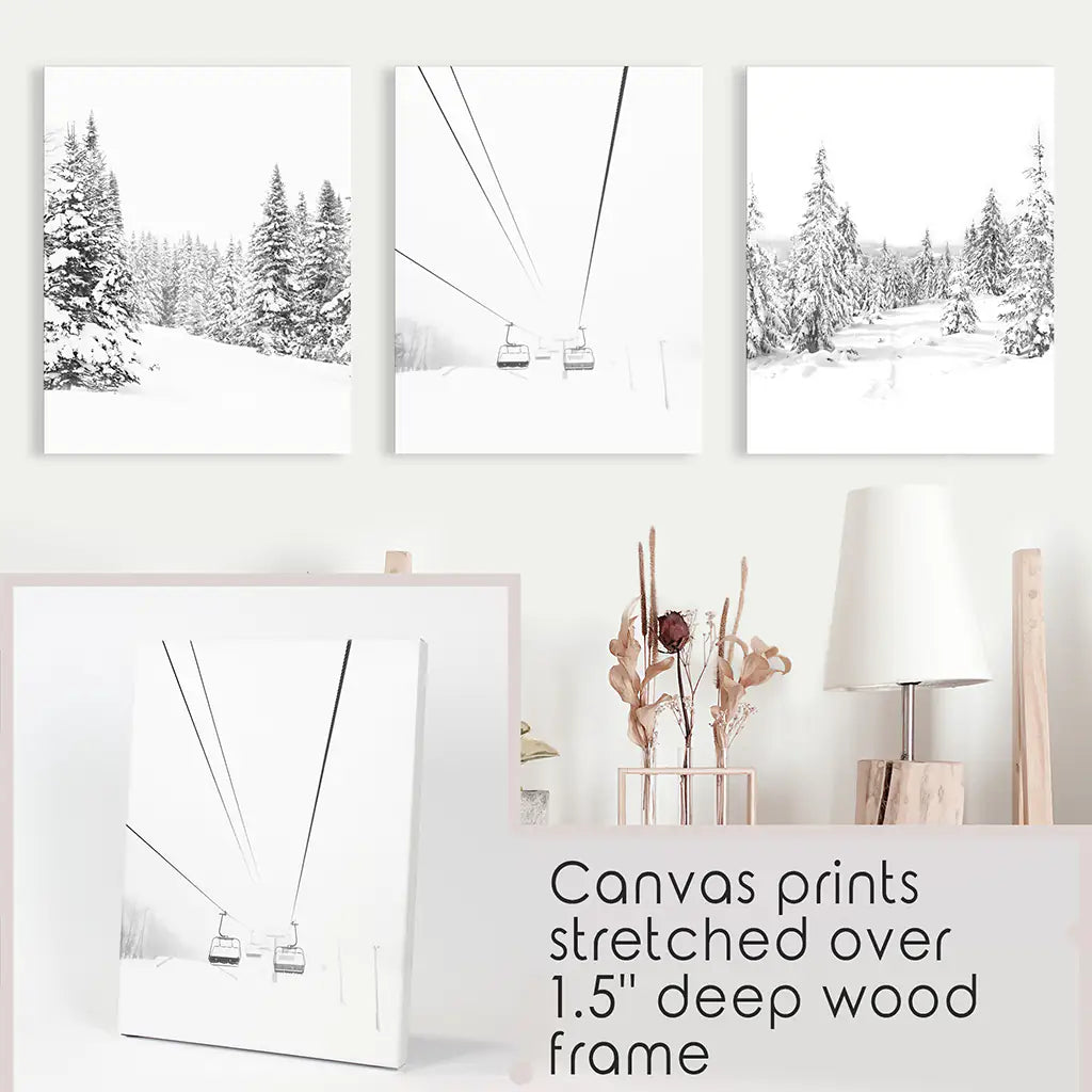 Winter Black White Wall Art Set. Ski Lift, Snowy Forest. Canvas Prints