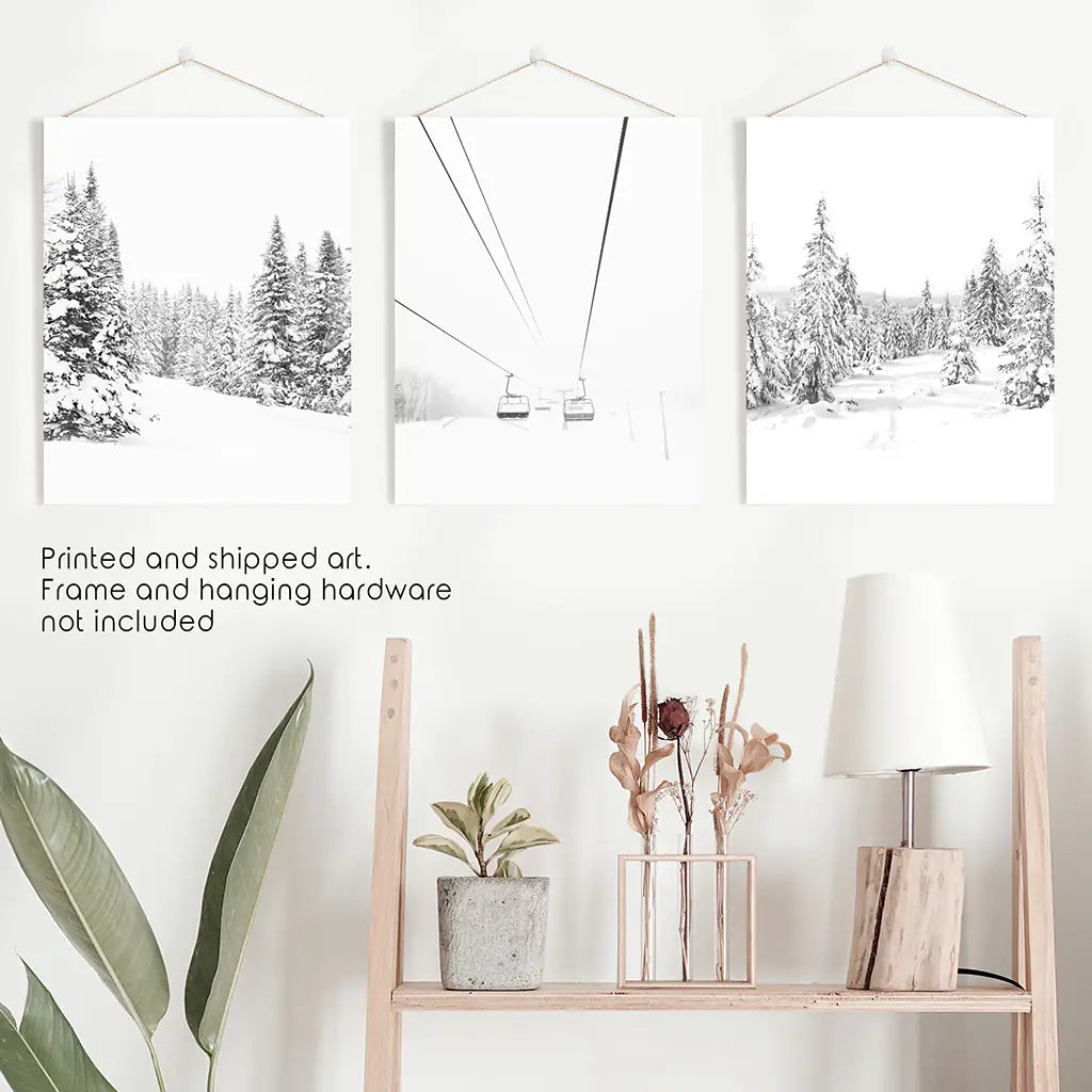 Winter Black White Wall Art Set. Ski Lift, Snowy Forest. Unframed Prints
