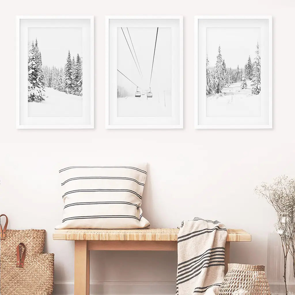 Winter Black White Wall Art Set. Ski Lift, Snowy Forest. White Frames with Mat