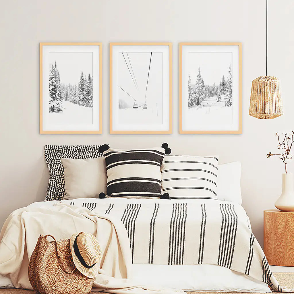 Winter Black White Wall Art Set. Ski Lift, Snowy Forest. Wood Frames with Mat