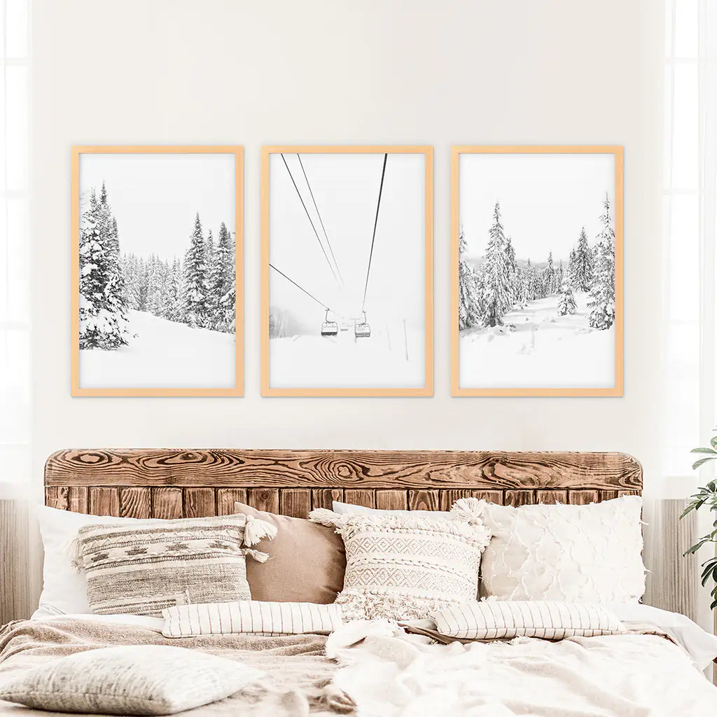 Winter Black White Wall Art Set. Ski Lift, Snowy Forest. Wood Frames