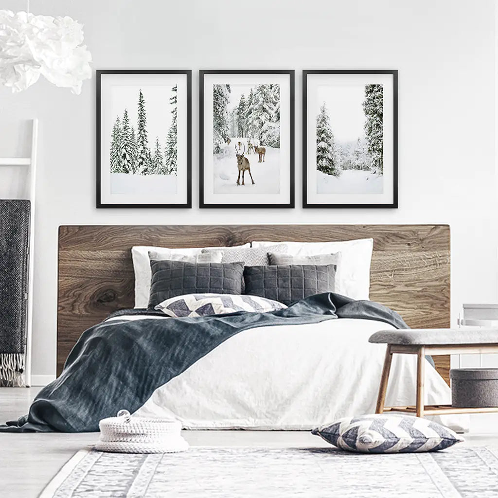 3 Piece Winter Landscape Wall Art. Snowy Forest, Fawn. Black Frames with Mat