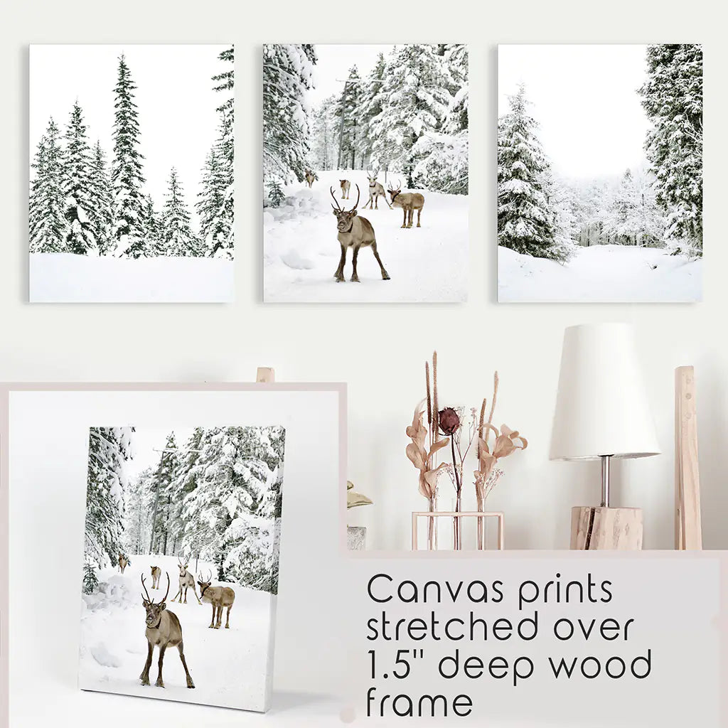 3 Piece Winter Landscape Wall Art. Snowy Forest, Fawn. Canvas Prints