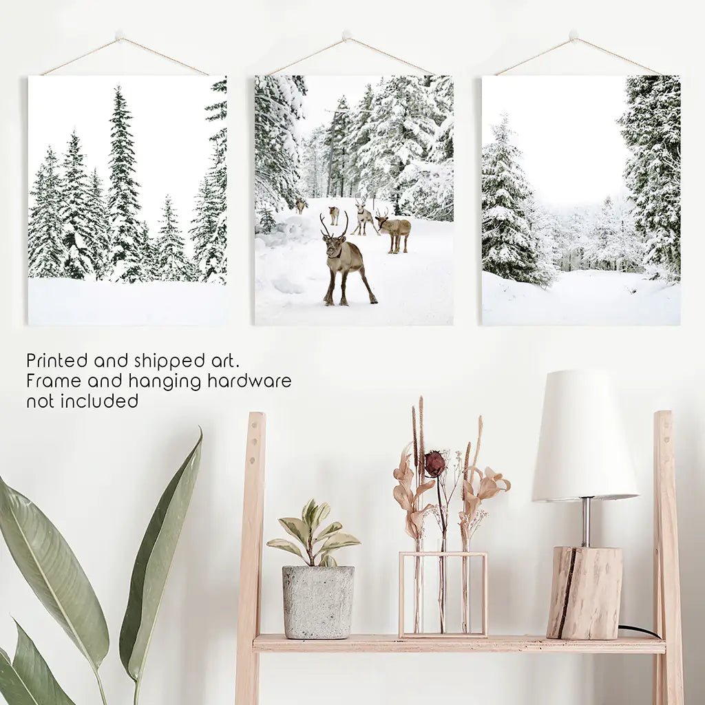 3 Piece Winter Landscape Wall Art. Snowy Forest, Fawn. Unframed Prints