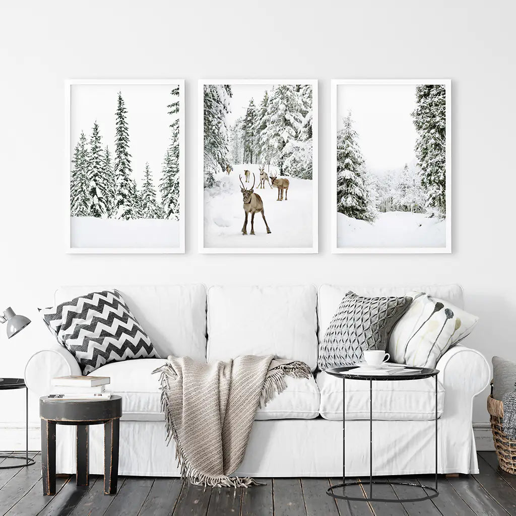 3 Piece Winter Landscape Wall Art. Snowy Forest, Fawn. White Frames