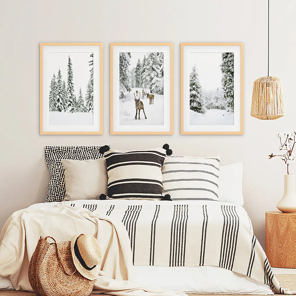 3 Piece Winter Landscape Wall Art. Snowy Forest, Fawn. Wood Frames with Mat