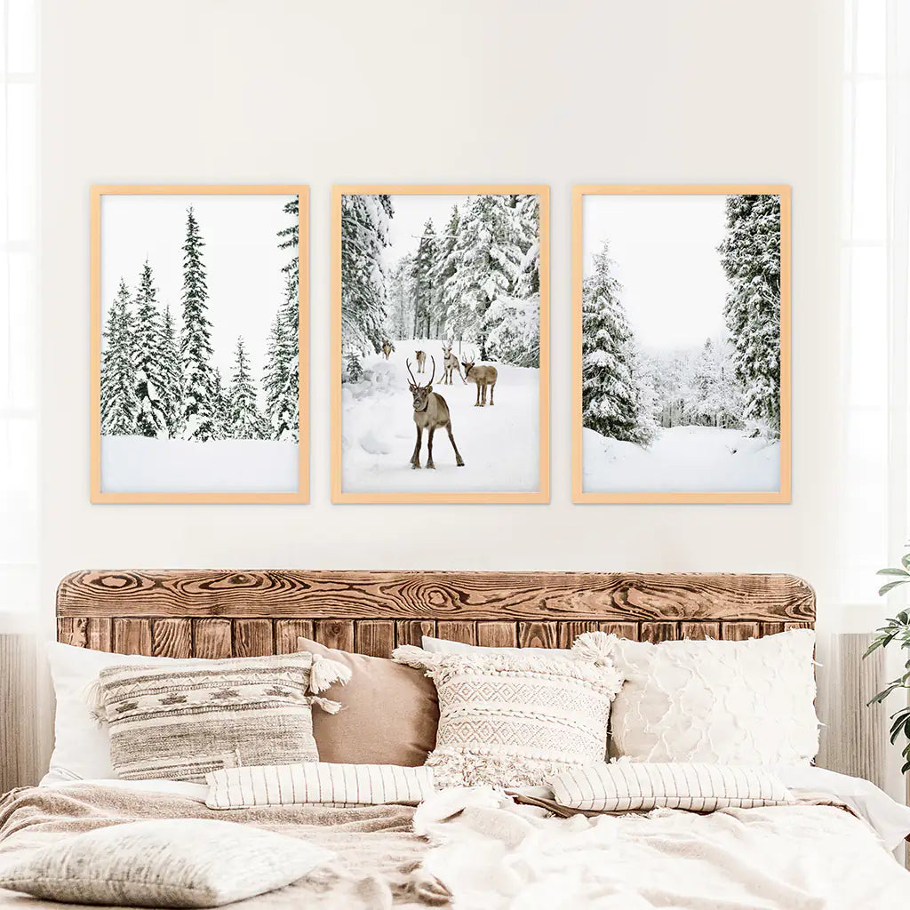 3 Piece Winter Landscape Wall Art. Snowy Forest, Fawn. Wood Frames