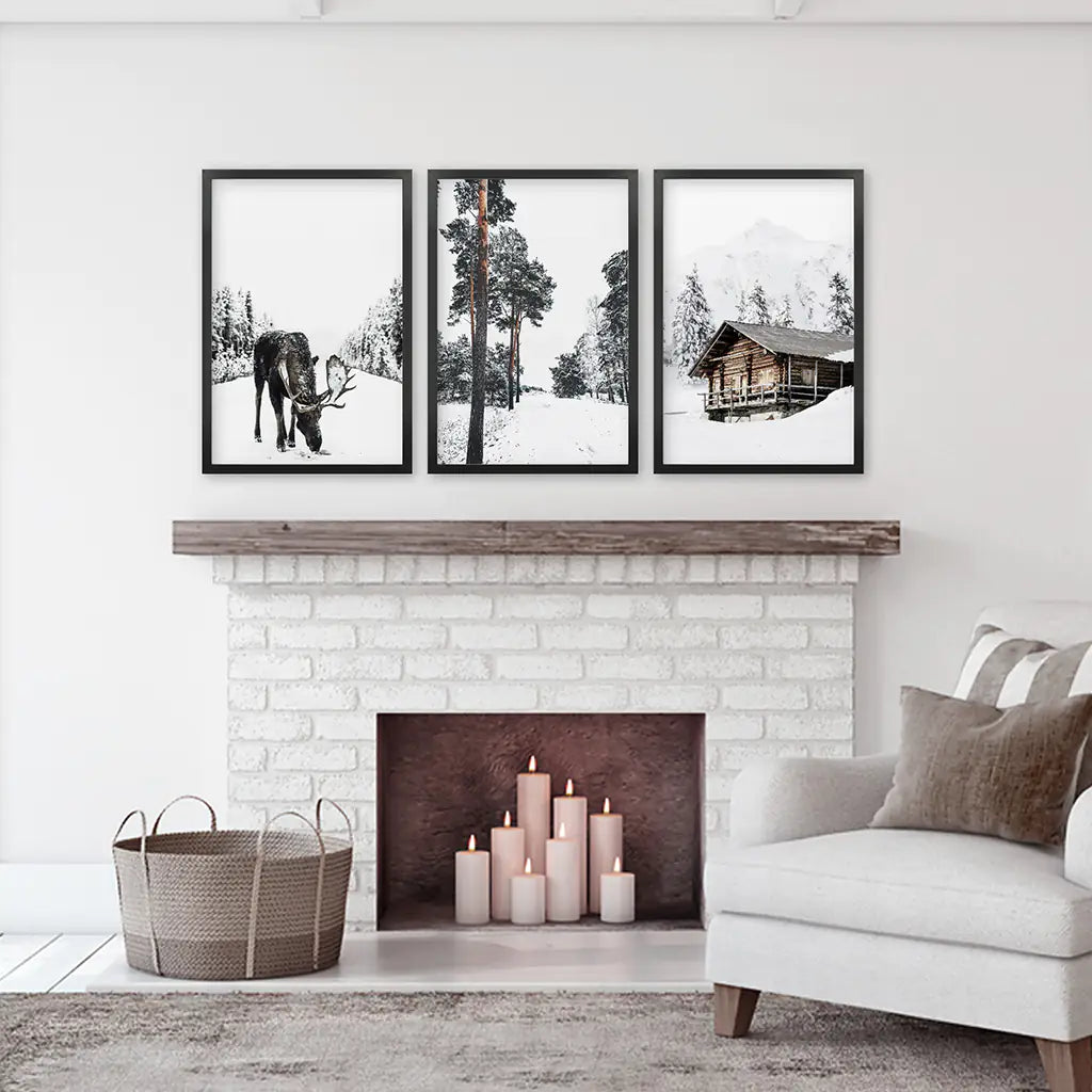 Nordic Winter 3 Piece Photo Set. Pine Forest, Moose, Log Cabin. Black Frames