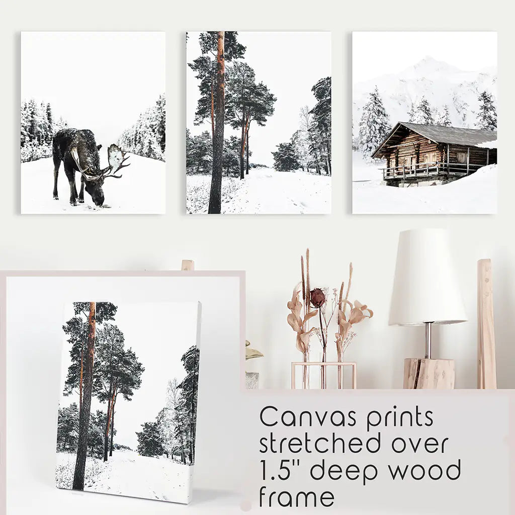 Nordic Winter 3 Piece Photo Set. Pine Forest, Moose, Log Cabin. Canvas Prints