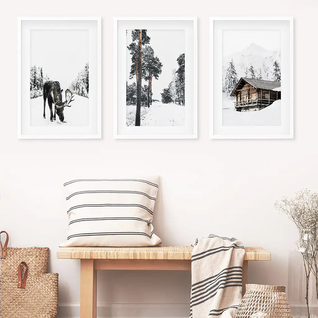 Nordic Winter 3 Piece Photo Set. Pine Forest, Moose, Log Cabin. White Frames with Mat