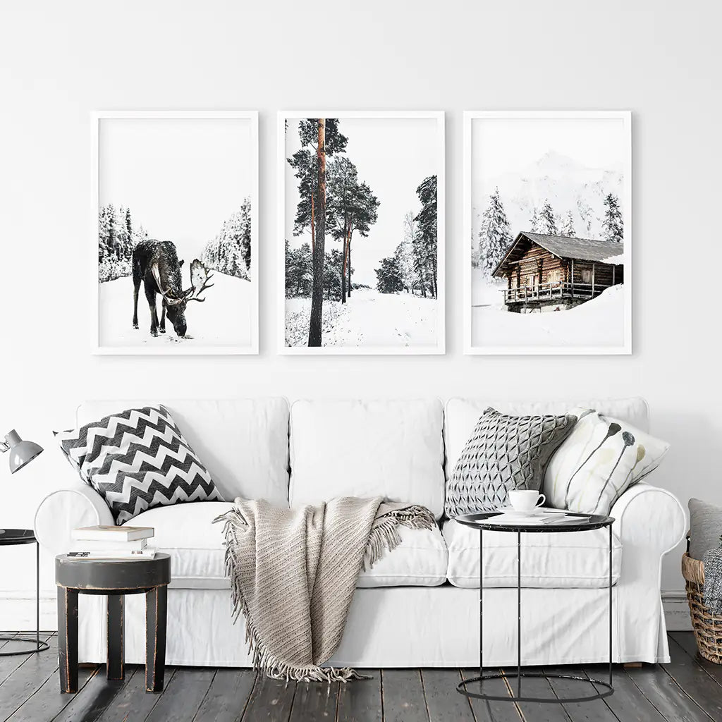 Winter Theme Set of 3 Prints Winter Decor Winter Photography Christmas Print  Christmas Wall Art Forest Print Snowy Trees Reindeer Snow Cabin 