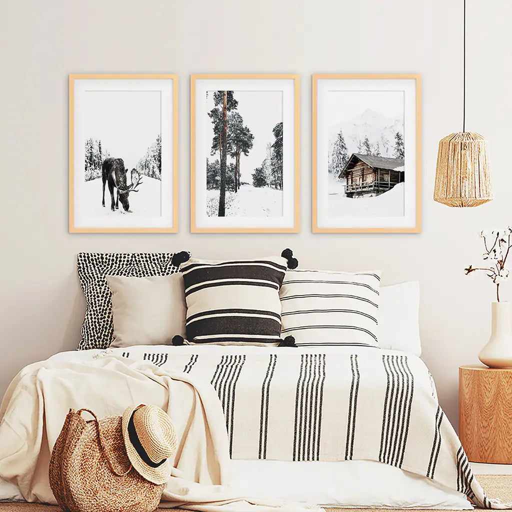 Nordic Winter 3 Piece Photo Set. Pine Forest, Moose, Log Cabin. Wood Frames with Mat