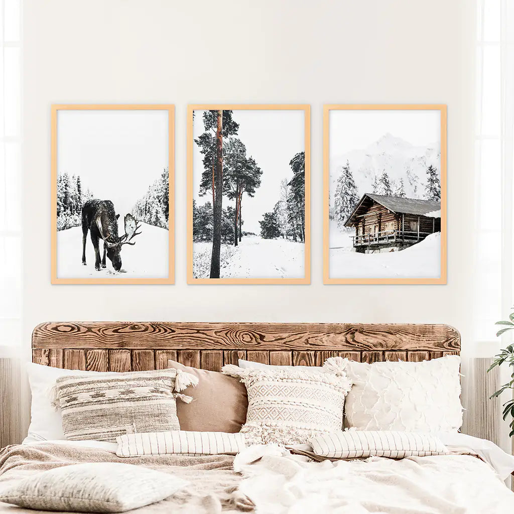 Nordic Winter 3 Piece Photo Set. Pine Forest, Moose, Log Cabin. Wood Frames