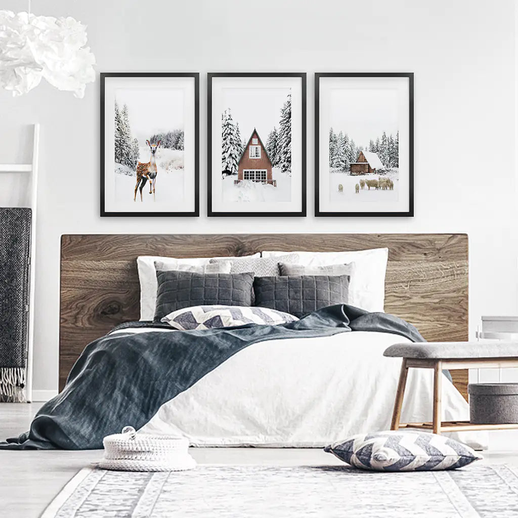 Winter Triptych Wall Art Set. Animals and Log Cabin. Black Frames with Mat