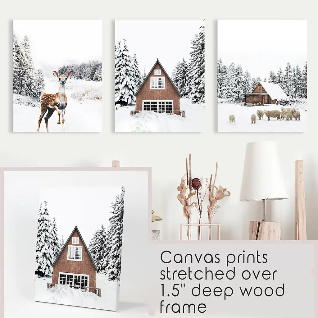 Winter Triptych Wall Art Set. Animals and Log Cabin. Canvas Prints