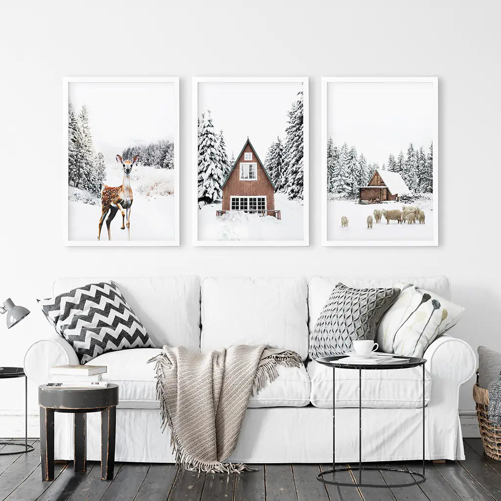 Winter Triptych Wall Art Set. Animals and Log Cabin. White Frames