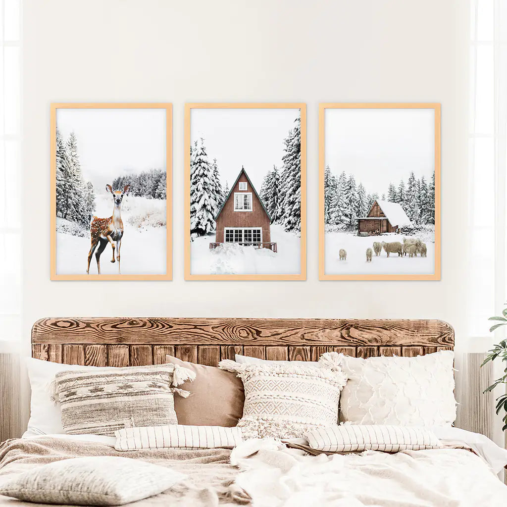 Winter Triptych Wall Art Set. Animals and Log Cabin. Wood Frames