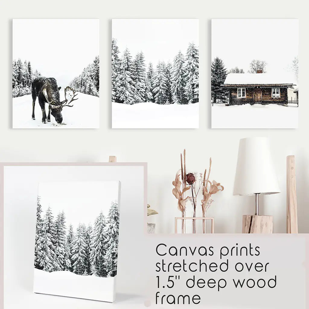 Winter Theme Triptych Photo Set. Moose, Log Cabin. Canvas Prints