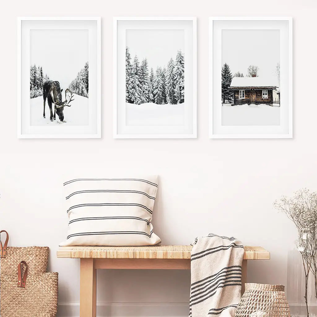Winter Theme Triptych Photo Set. Moose, Log Cabin. White Frames with Mat