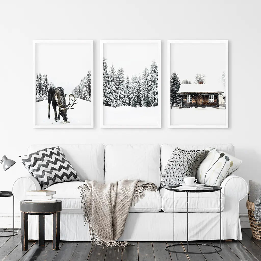 Winter Theme Triptych Photo Set. Moose, Log Cabin. White Frames