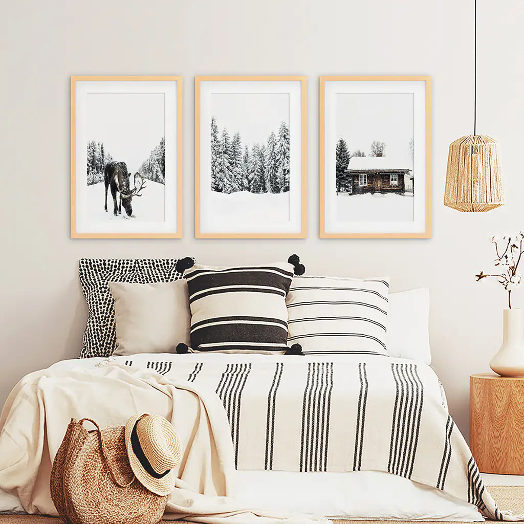 Winter Theme Triptych Photo Set. Moose, Log Cabin. Wood Frames with Mat