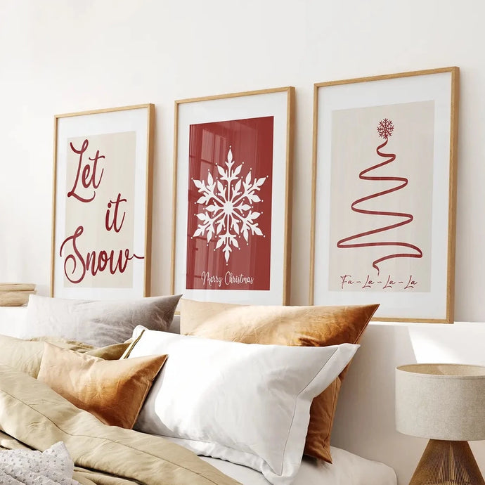 Merry Christmas Modern Wall Art Set. Thin Wood Frames Over the Bed.