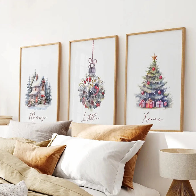 Christmas Gift Ideas Wall Art Prints Set. Thin Wood Frames Over the Bed.