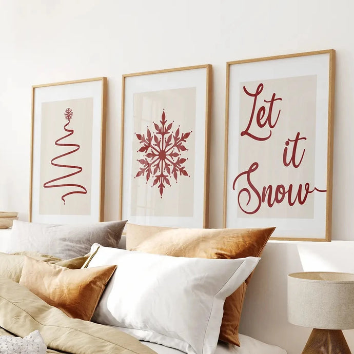 Christmas Gift Wall Decor Prints Art Set. Thin Wood Frames Over the Bed.
