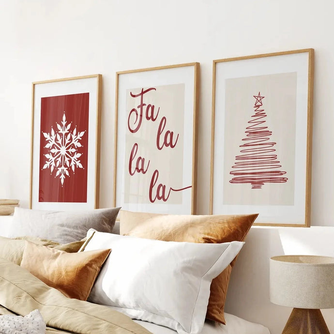 Gallery Seasonal Decor Prints Set. Thin Wood Frames Over the Bed.