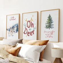 Load image into Gallery viewer, Cute Reindeer Winter Wall Art Decor Posters. Thin Wood Frames Over the Bed.
