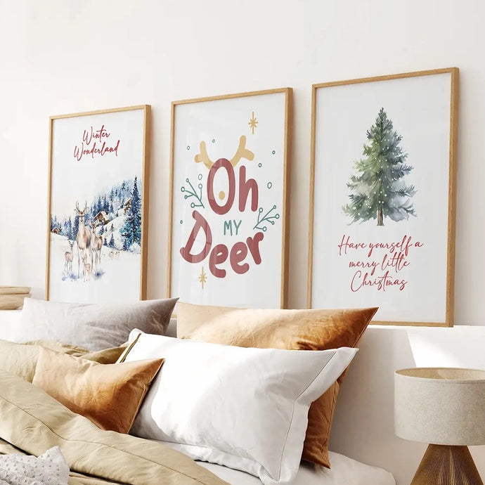 Cute Reindeer Winter Wall Art Decor Posters. Thin Wood Frames Over the Bed.