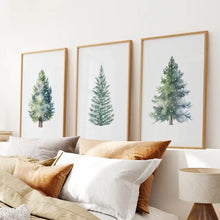 Load image into Gallery viewer, Watercolor Christmas Tree Art Decor Prints. Thin Wood Frames Over the Bed.
