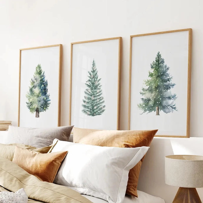 Watercolor Christmas Tree Art Decor Prints. Thin Wood Frames Over the Bed.