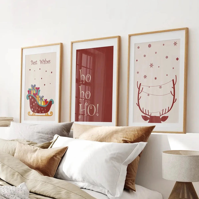 Red Beige Poster Set Home Decor. Thin Wood Frames with Mat for Bedroom.