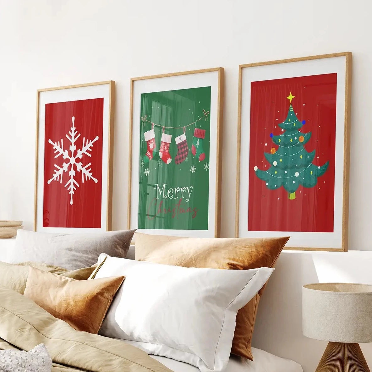 Green Red Christmas Wall Art Print Poster Decor. Thin Wood Frames with Mat Over the Bed.