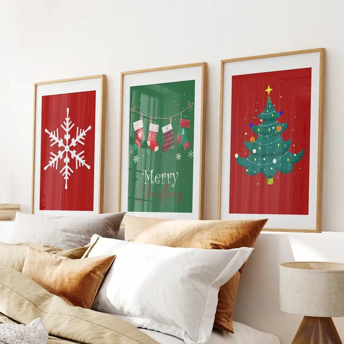 Green Red Christmas Wall Art Print Poster Decor. Thin Wood Frames with Mat Over the Bed.