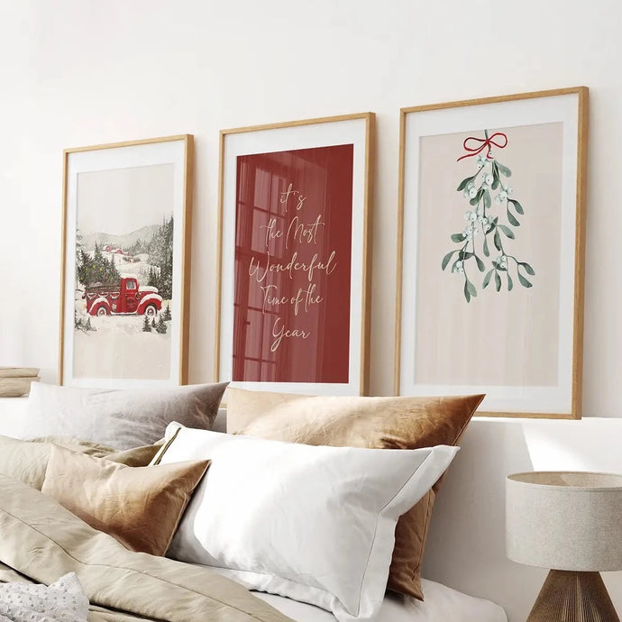 Trendy Holiday Decor Art Set Prints. Thin Wood Frames with Mat Over the Bed.
