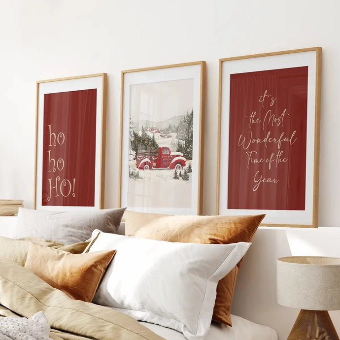 Ho-Ho-Ho-Red-Beige-Xmas-Print-Poster.Thin Wood Frames with Mat for Bedroom.