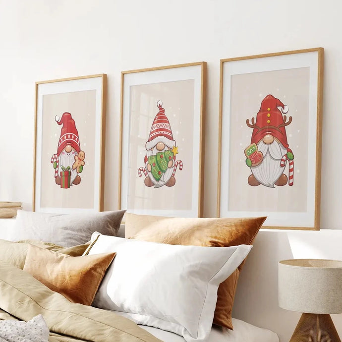 Christmas Gnomes Wall Decor for Nursery.Thin Wood Frames with Mat Over the Bed.